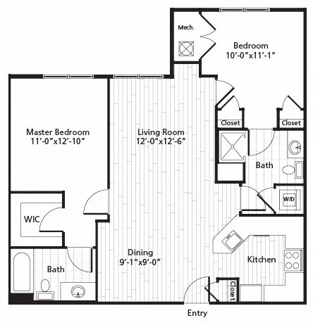 Floor plan for 2 beds, 2 baths, 964 sqft